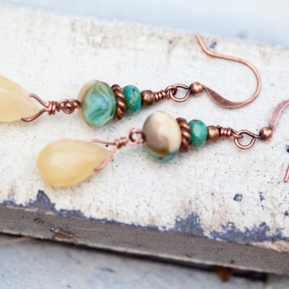 Jasper Copper Drop Earrings Turquoise Blue Glass